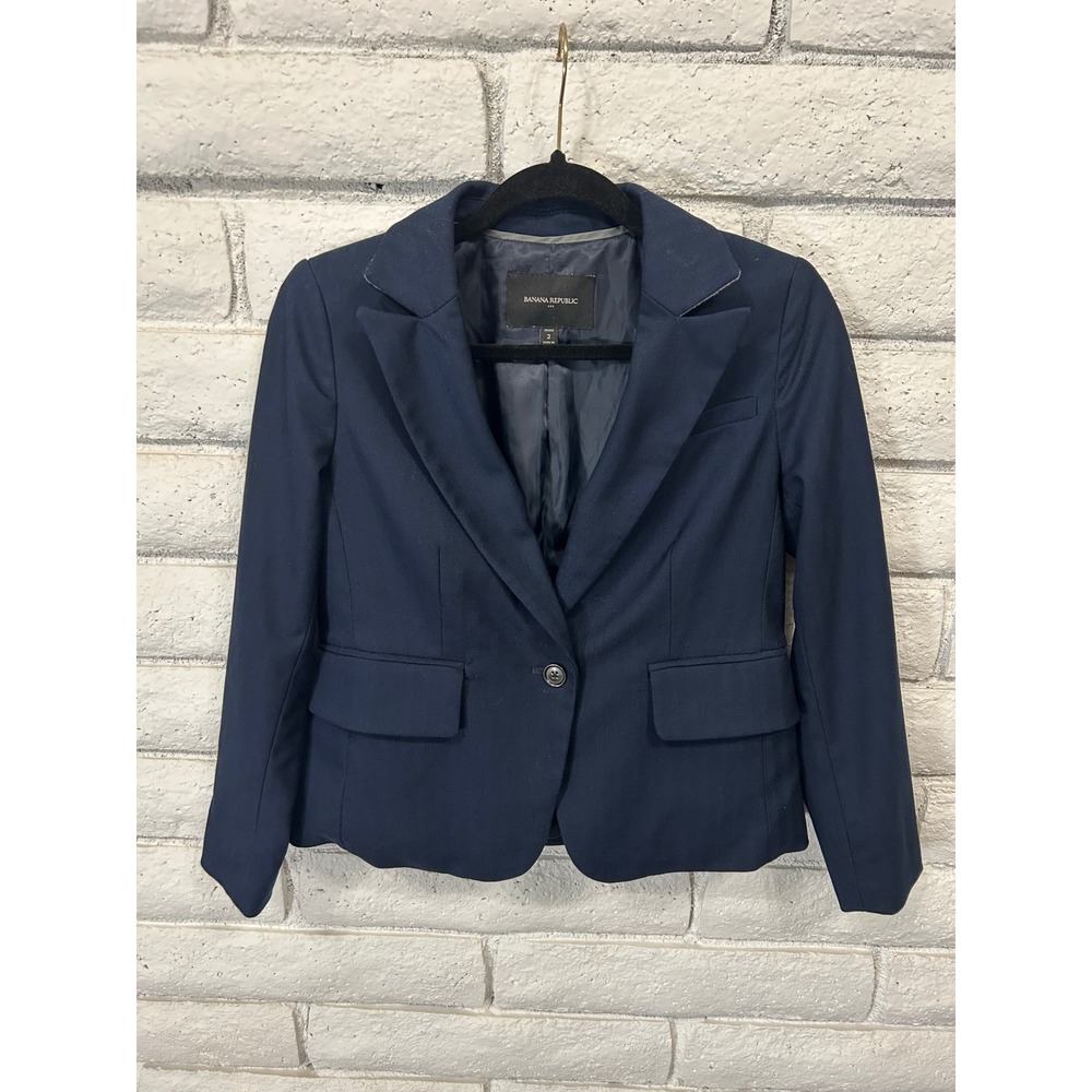 Banana Republic Navy‎ Blue Herringbone Blazer Petite 2 One Button Suit Jacket